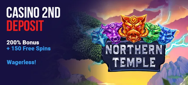 Bannière de BloodySlots pour le deuxième dépôt, 150 tours sur Northern Temple : texte « Casino 2nd deposit », 200 % de bonus, 150 free spins et mention Wagerless, plaque Northern Temple surmontée de têtes de sanglier colorées sous un ciel d’orage