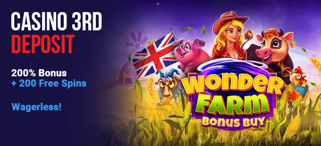 Bannière de BloodySlots pour le troisième dépôt, 200 tours sur Wonder Farm Bonus Buy : texte « Casino 3rd deposit », 200 % de bonus, 200 free spins et mention Wagerless, une fermière, un cochon, une vache et un drapeau britannique devant le logo Wonder Farm