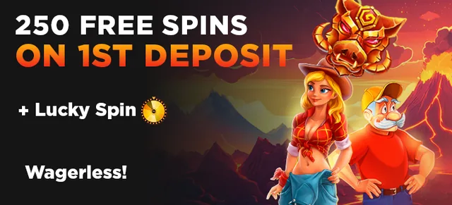 Bannière de BoomingSlots pour le premier dépôt, 250 tours sans mise : texte « 250 free spins on 1st deposit », Lucky Spin et mention Wagerless, une fermière et un fermier devant un volcan, une tête de sanglier dorée en haut