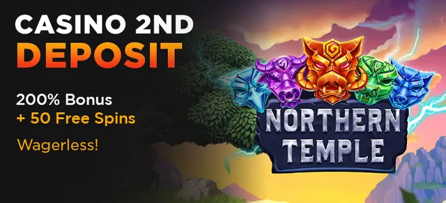 Bannière de BoomingSlots pour le deuxième dépôt : texte « Casino 2nd deposit », 200 % de bonus, 50 free spins et mention Wagerless, plaque Northern Temple sous un ciel d’orage