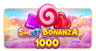 Vignette officielle de Sweet Bonanza 1000 (Pragmatic Play) : une sucette en spirale rose et des bonbons dans un décor sucré, titre en lettres roses et jaunes