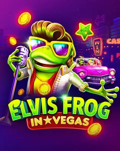 Couverture officielle d’Elvis Frog in Vegas (BGaming) : une grenouille verte en costume blanc et lunettes de soleil, micro en main, devant une voiture rose et des pièces d’or, titre vert et jaune