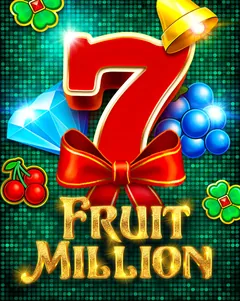 Couverture officielle de Fruit Million (BGaming) : un grand sept rouge noué d’un ruban, une cloche dorée, un diamant et des raisins bleus sur un fond vert à pois lumineux