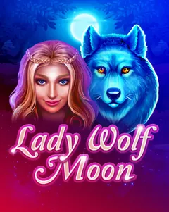 Couverture officielle de Lady Wolf Moon (BGaming) : une femme aux tresses blondes et un loup bleu devant une grande lune, titre en lettres roses
